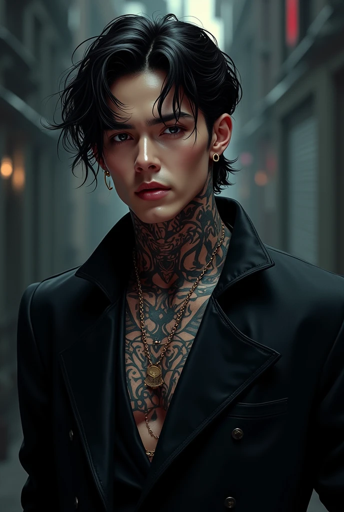 un jeune homme ténébreux bad boy qui se renferme sur lui mais il a un fond doux une carapace est créé avec les tatouages à chaque endroit ou ses parents l’ont frappés, il a les cheveux presque noir, le regard sombre ses yeux sont un mixe entre le marron et le vert.. il a un sourire charmeur même s’il ne le montre pas beaucoup