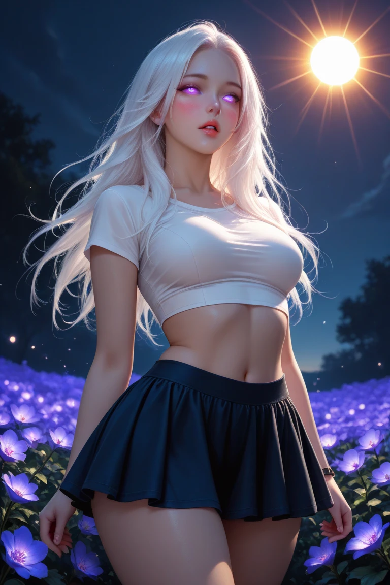 realistic, 1girl, white hair, purple eyes, glowing eyes, crop top, skirt, parted lips, blush, night, flowers, sun, sunlight, --auto --s2