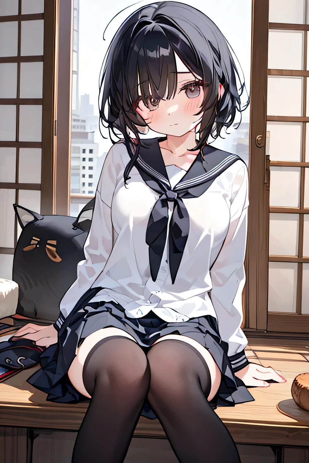 City,one beautiful girl,(( hairstyle that hides one eye)),stupid hair,Mysterious Atmosphere, natural body,Clear Skin,(Sexy body type,marshmallow breasts ,slender), Kunoichi,beautiful black hair,beautiful light black eyes,detailed clothes,well-groomed face,Fair skin,high school student,Japanese face,(uniform,skirt,knee socks,loafers), quiet personality ,