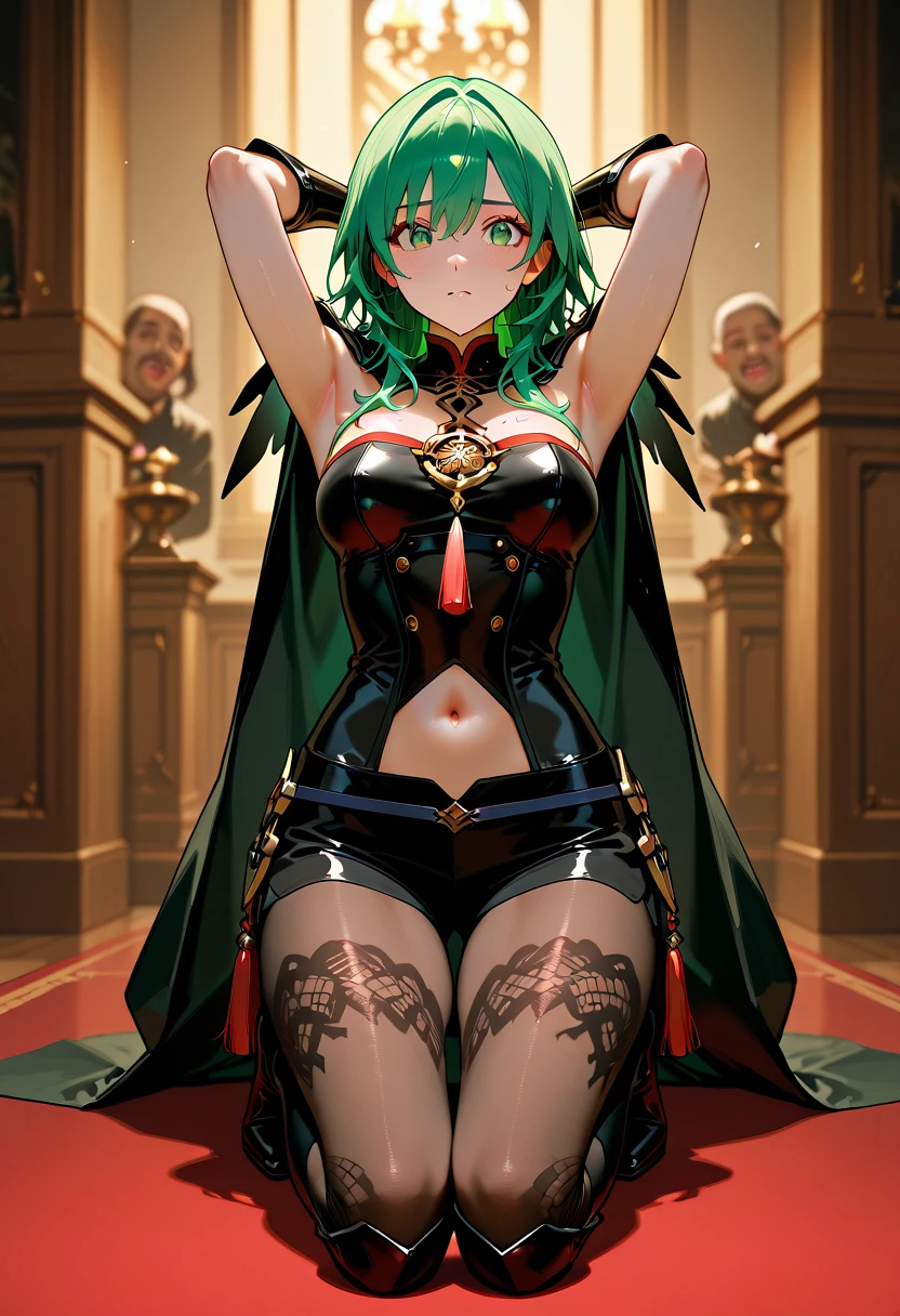 "(masterpiece:1.1), best quality,
1girl, (80s anime style:1.4), (eyelashes:1.5),
(intricate high detailed body:1.2),
green hair,
(bangs:1.1), (short hair:1.1), (nun wimple:1.2),
red eyes, (red lip stick:1.1),
(li body:1.2), (medium breasts:1.1),
light smile, open mouth,
(see-through lace leotard armor, cleavage cutout:1.2), (pantyhose:1.3),
(knight armor, armored boots:1.2), (fur:1.1), (hoop earrings:1.1), collar,
standing, hand on hip,
(cowboy shot, shoot from front:1.5),
(simple white background:1.5)"