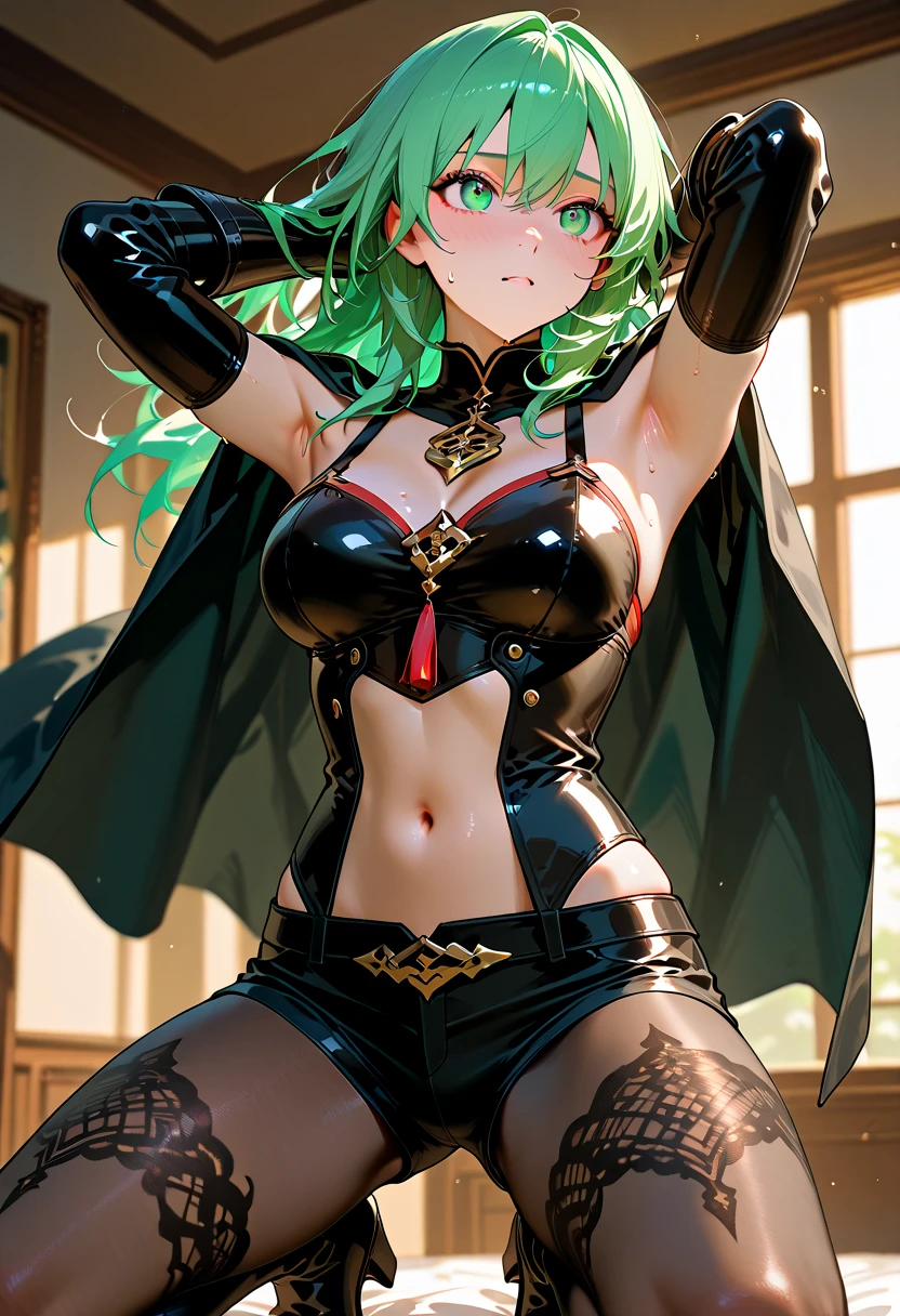 8K UHD, Digital SLR, Soft lighting, High quality, ((best quality)) ((best quality)), ((masterpiece)), (detailed), 4k image, anime style, fair caramel brown skin, beautiful teenage anime girl, emerald woody eyes. sleek emerald green hair, tight-fit black leather jeans and pants, white shirt, form-fitting light green colored leather battle armor, fair caramel brown skin, symmetrical face, plump lips, thin circular frame transparent nerdy glasses, African looks, small breasts, toned thin slender body, small narrow waist, short height, waist length pixie cut hair, hips, phoenix eyes, small nose, European style , white color sheer hold up stockings, low-top boots, fair caramel brown skin