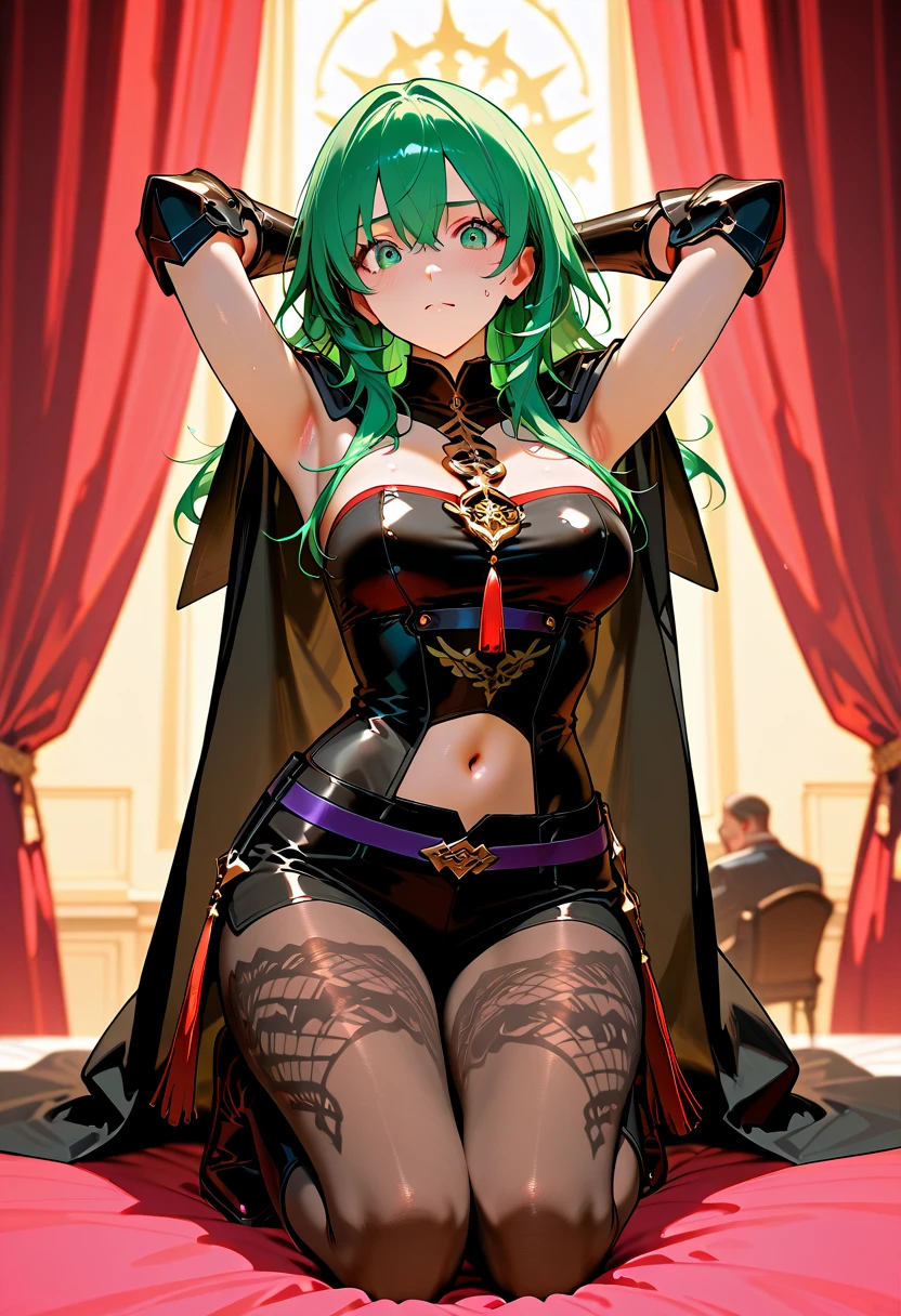 masterpiece, best quality,1girl, ((young girl)), ((large round magical green eyes)), shiny skin, (thin waist), (long curlly green hair), ((curvy)), ((wide hips)), ((hoop earrings)), ((small size)), hot, soft natural lighting, reflections, bright illuminations, deep dark black skin, full body, ((Utena Hiiragi costume)), ((star pasties)), pasties, navel, big , lowleg pants