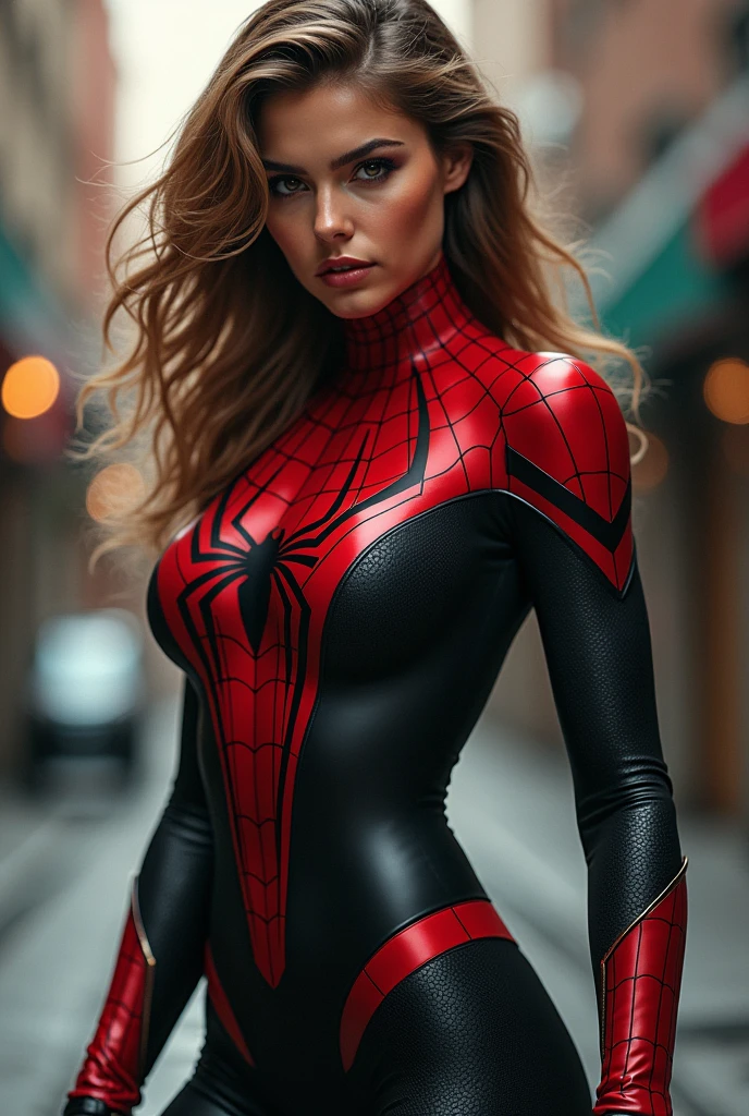 Jennifer Garner、Sticking out the navel、newyork、She wears a torn Spider-Man suit,wearing skirt、 Red and black color scheme,Dynamic、​masterpiece、top-quality、ultra-detailliert、ighly detailed、beautiful detailed brilliance、超A high resolution