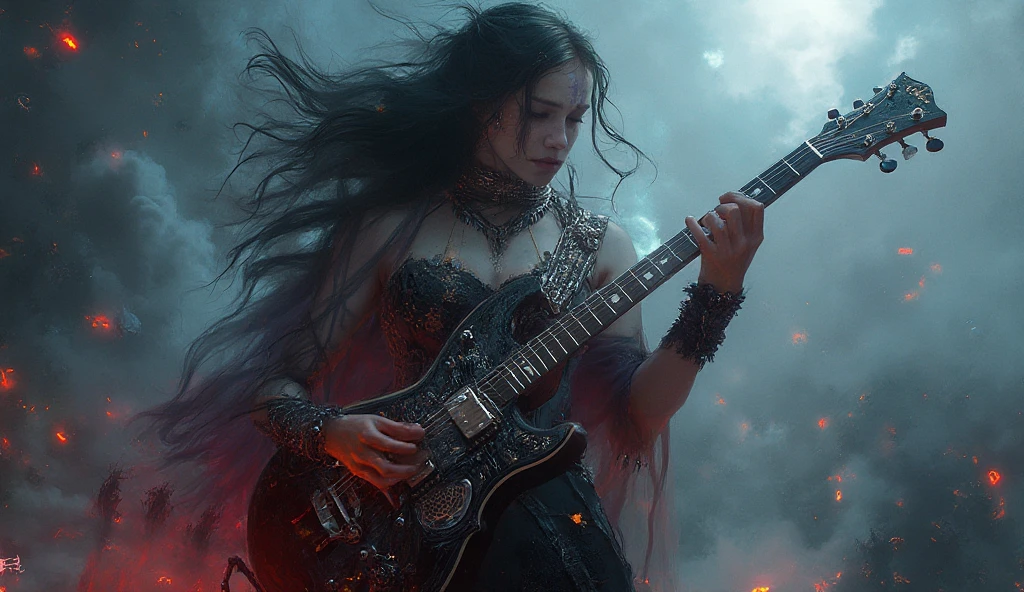 mystical woman, playing a heavy metal electric guitar, is surrounded by an atmosphere of gothic music and fantasy demons, creating a unique sound, that takes listeners to new heights.