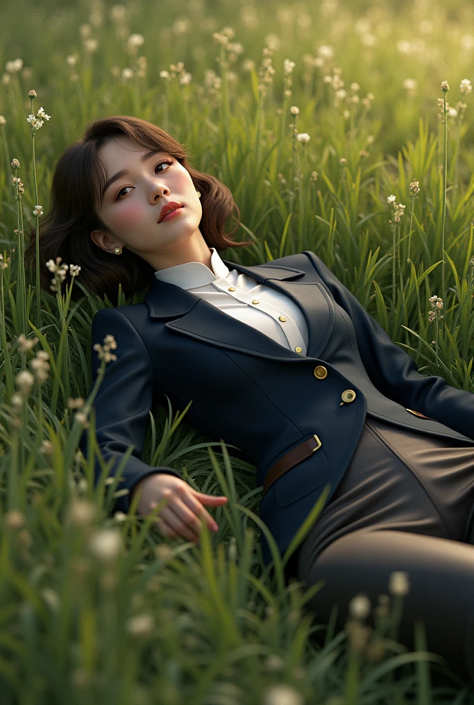 A white woman is lying in a meadow. She is wearing a riding outfit with riding boots and riding leggings. The woman is oriented from foot to head in the picture.