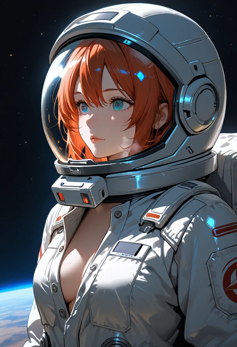  female , in an unbuttoned ,  high quality, high detail,  detailed eyes, spacesuit with big partially naked  in space
