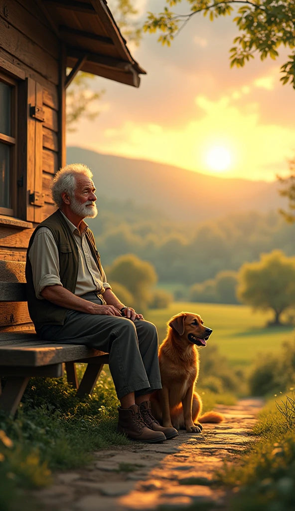 Old man sitting on a wooden bench outside a small house, dog sitting beside him, sunset in background, peaceful countryside setting
