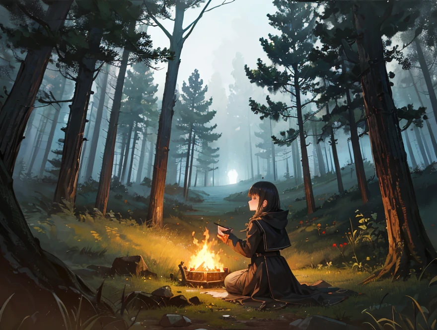 dark fantasy , highly detailed, cinematic lighting, night, forest, girl, in one picture