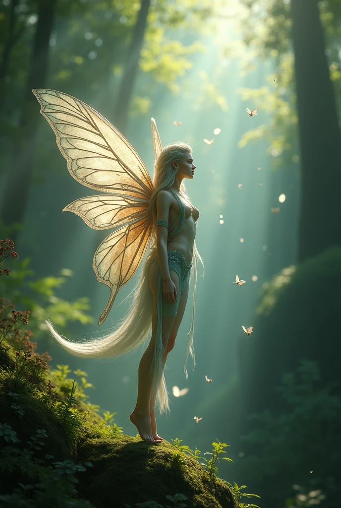 Naked fairy in a forest with a waterfall in the background 