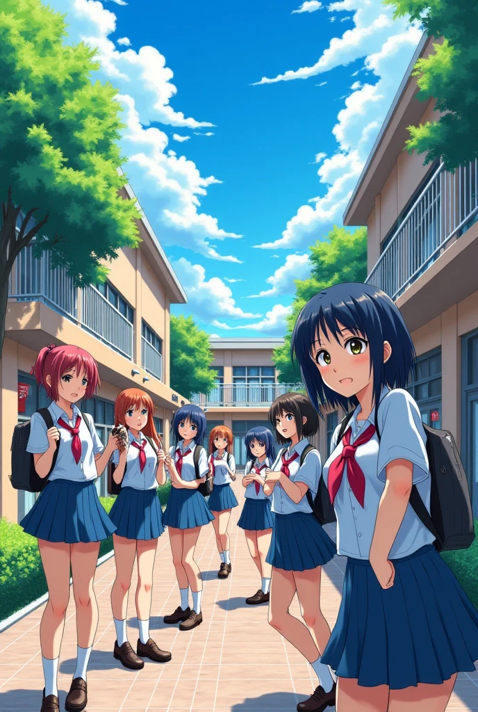 dead body pile of Japanese school girls, (vibrant colors), (dynamic composition), wearing typical school uniforms, short skirts, and knee-high socks, (highly detailed expressions),(ultra-detailed), (4K), lively background with school buildings.