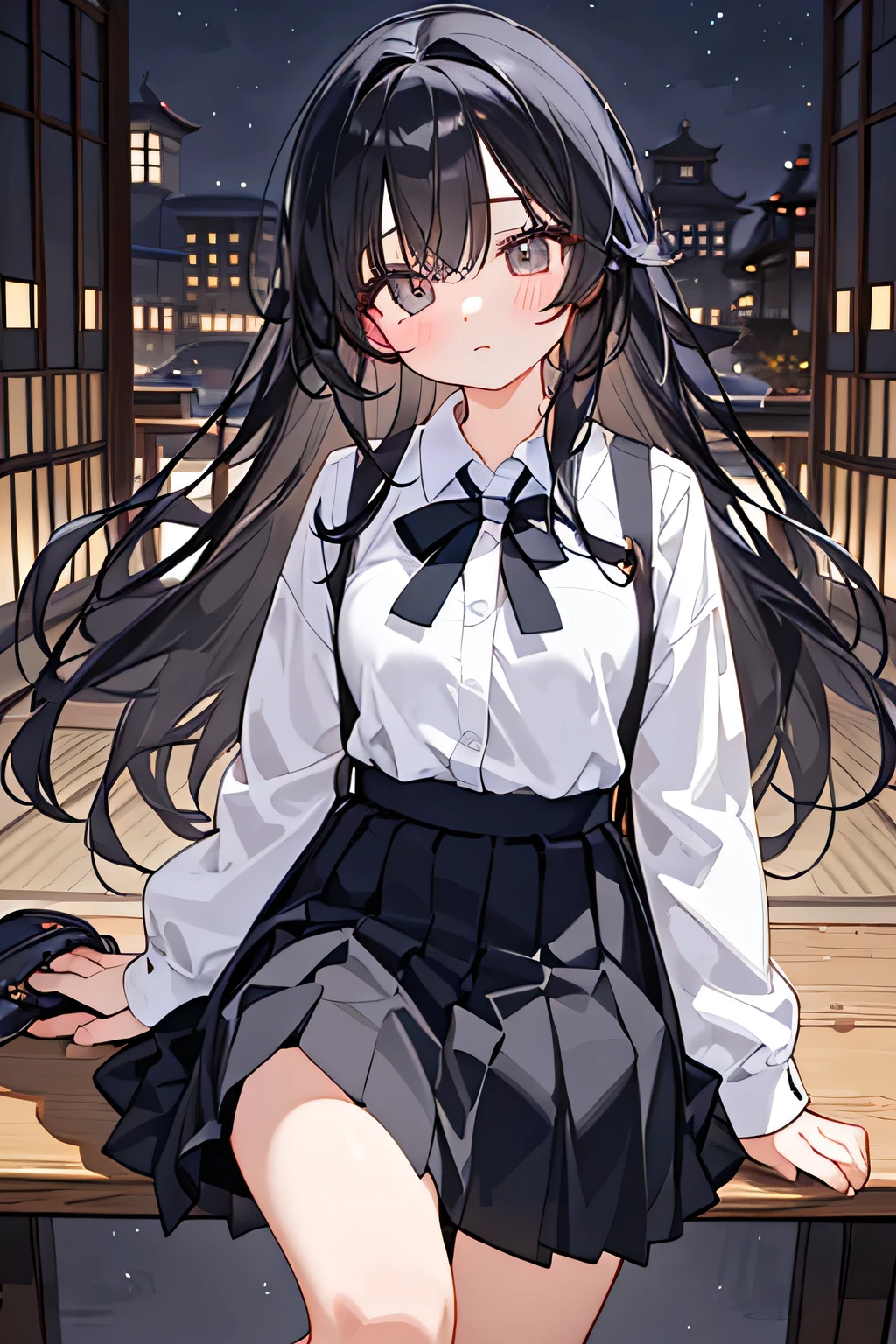 City,one beautiful girl,(( hairstyle that hides one eye)),stupid hair,Mysterious Atmosphere, natural body,Clear Skin,(Sexy body type,marshmallow breasts ,slender), Kunoichi,beautiful black hair,beautiful light black eyes,detailed clothes,well-groomed face,Fair skin,middle school students,Japanese face,(uniform,skirt,knee socks,loafers), quiet personality ,