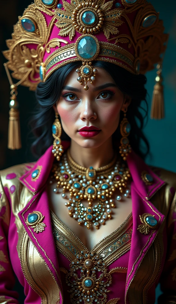 Make a fortune teller as flashy as you can with necklaces and lots of gold face forward
