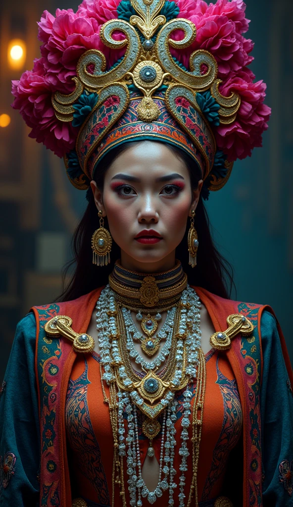 Make a fortune teller as flashy as you can with necklaces and lots of gold face forward