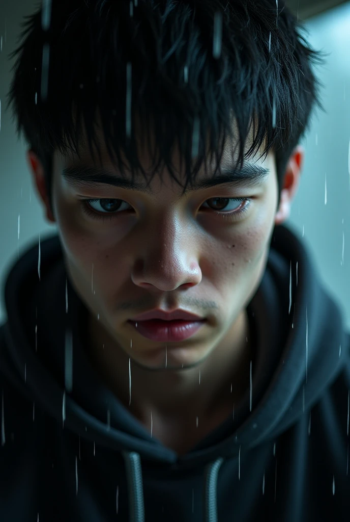 
confused young man, close-up, rain falling on face, cinematic lighting
