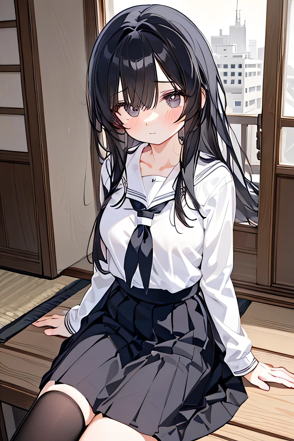 City,one beautiful girl,(( hairstyle that hides one eye)),stupid hair,Mysterious Atmosphere, natural body,Clear Skin,(Sexy body type,marshmallow breasts ,slender), Kunoichi,beautiful black hair,beautiful light black eyes,detailed clothes,well-groomed face,Fair skin,middle school students,Japanese face,(uniform,skirt,knee socks,loafers), quiet personality ,