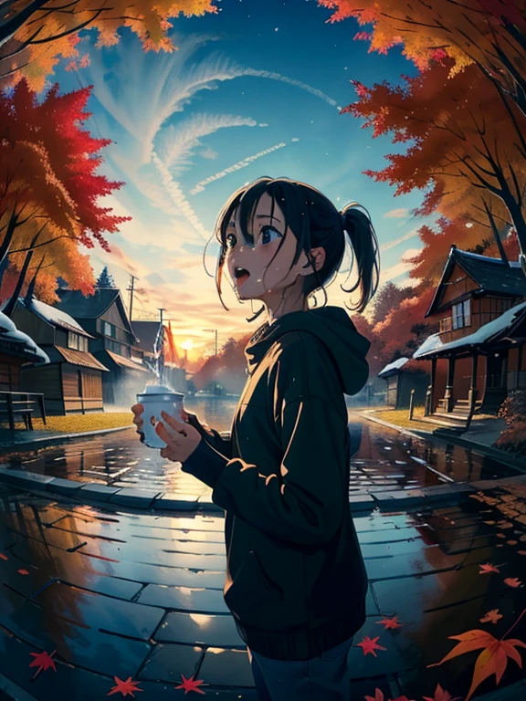  masterpiece， Top Quality ，   HD ，(   super flat   ，  drips saliva into a cup with flat shading  )，   fisheye lens ，  teeth、look over the autumn city from the park garden ， autumn leaves，Snow Scene，Autumn sky，dusk，  beautiful sunset ，Wide angle，  bright color，watercolor,   Ghibli style ，Strong winds，  girl 'Lure，