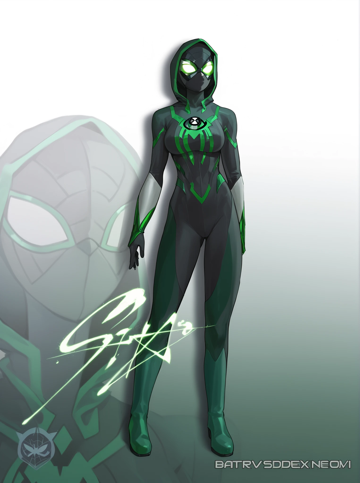 Green eyes, mask,fullbody,bodysuit,1girl, big breasts, spiderman eyes, ,hood, Ben10