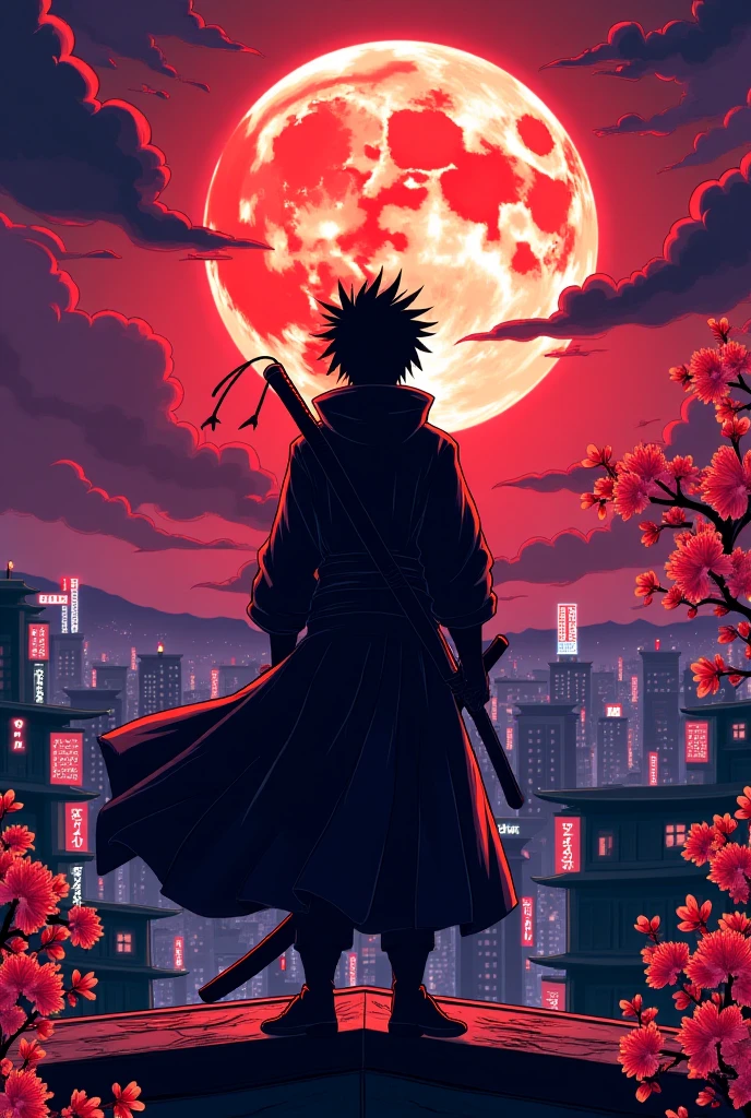 An anime-style illustration of a mysterious warrior standing on a rooftop under a glowing full moon, with cherry blossoms blowing in the wind. The character has spiky hair, a long flowing coat, and a katana on their back. Use bold line art, vibrant cel-shading, and a color palette of deep reds, purples, and black. Background features a stylized Japanese cityscape with neon signs. Designed for print on a black t-shirt — dramatic, cinematic, and full of emotion in classic anime style.