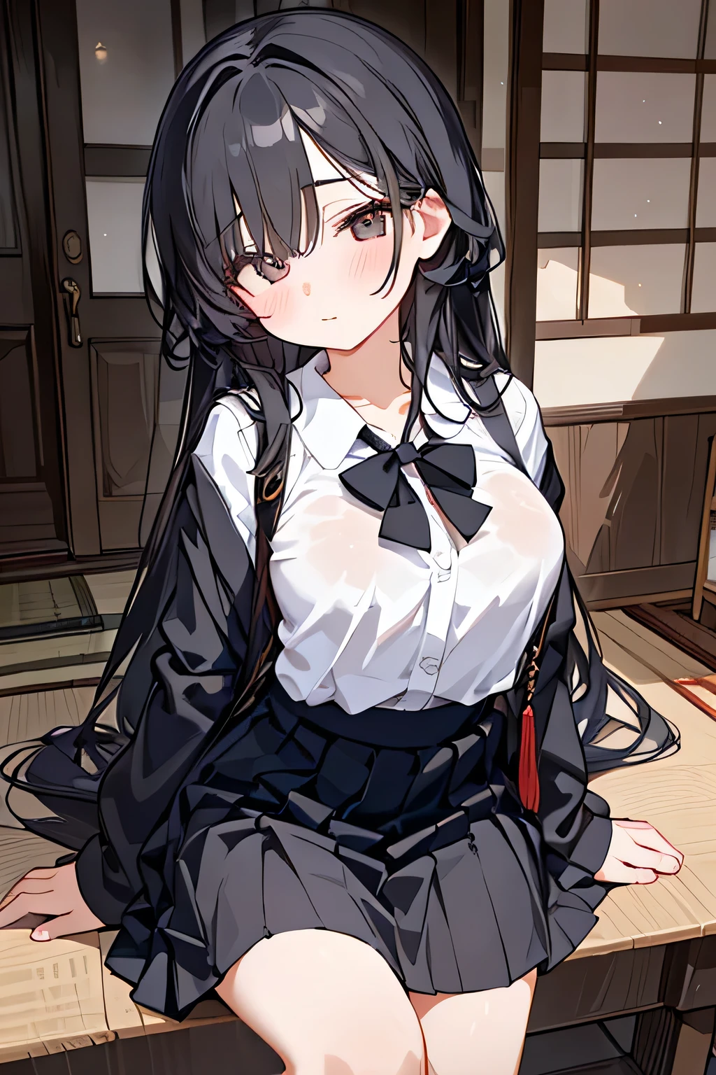 City,one beautiful girl,(( hairstyle that hides one eye)),stupid hair,Mysterious Atmosphere, natural body,Clear Skin,(Sexy body type,marshmallow breasts ,slender), Kunoichi,beautiful black hair,beautiful light black eyes,detailed clothes,well-groomed face,Fair skin,high school student,Japanese face,(uniform,skirt,knee socks,loafers), quiet personality ,