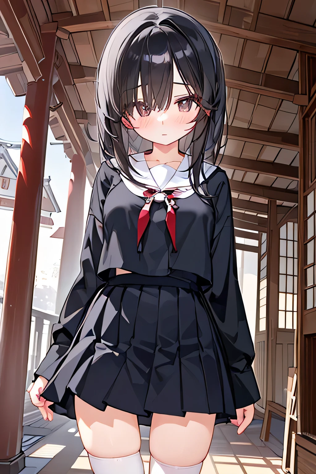 City,one beautiful girl,(( hairstyle that hides one eye)),stupid hair,Mysterious Atmosphere, natural body,Clear Skin,(Sexy body type,marshmallow breasts ,slender), Kunoichi,beautiful black hair,beautiful light black eyes,detailed clothes,well-groomed face,Fair skin,high school student,Japanese face,(uniform,skirt,knee socks,loafers), quiet personality ,