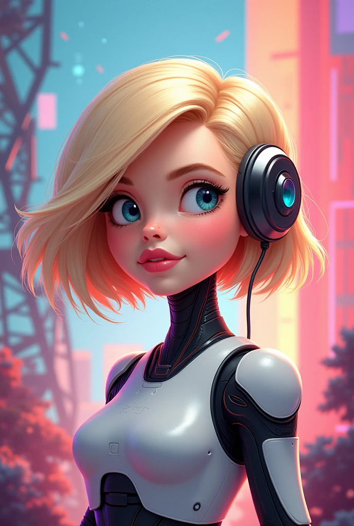 Cartoon portrait of a fictional girl - a bot named Tanya. she has short blond hair, a serious look and a light smile. In the background is an abstract digital world. It looks like a smart artificial intelligence, who can talk nonsense with full confidence