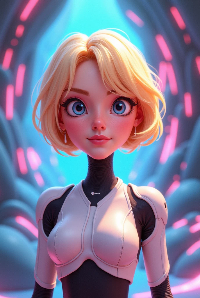 Cartoon portrait of a fictional girl - a bot named Tanya. she has short blond hair, a serious look and a light smile. In the background is an abstract digital world. It looks like a smart artificial intelligence, who can talk nonsense with full confidence
