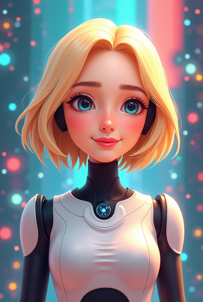 Cartoon portrait of a fictional girl - a bot named Tanya. she has short blond hair, a serious look and a light smile. In the background is an abstract digital world. It looks like a smart artificial intelligence, who can talk nonsense with full confidence