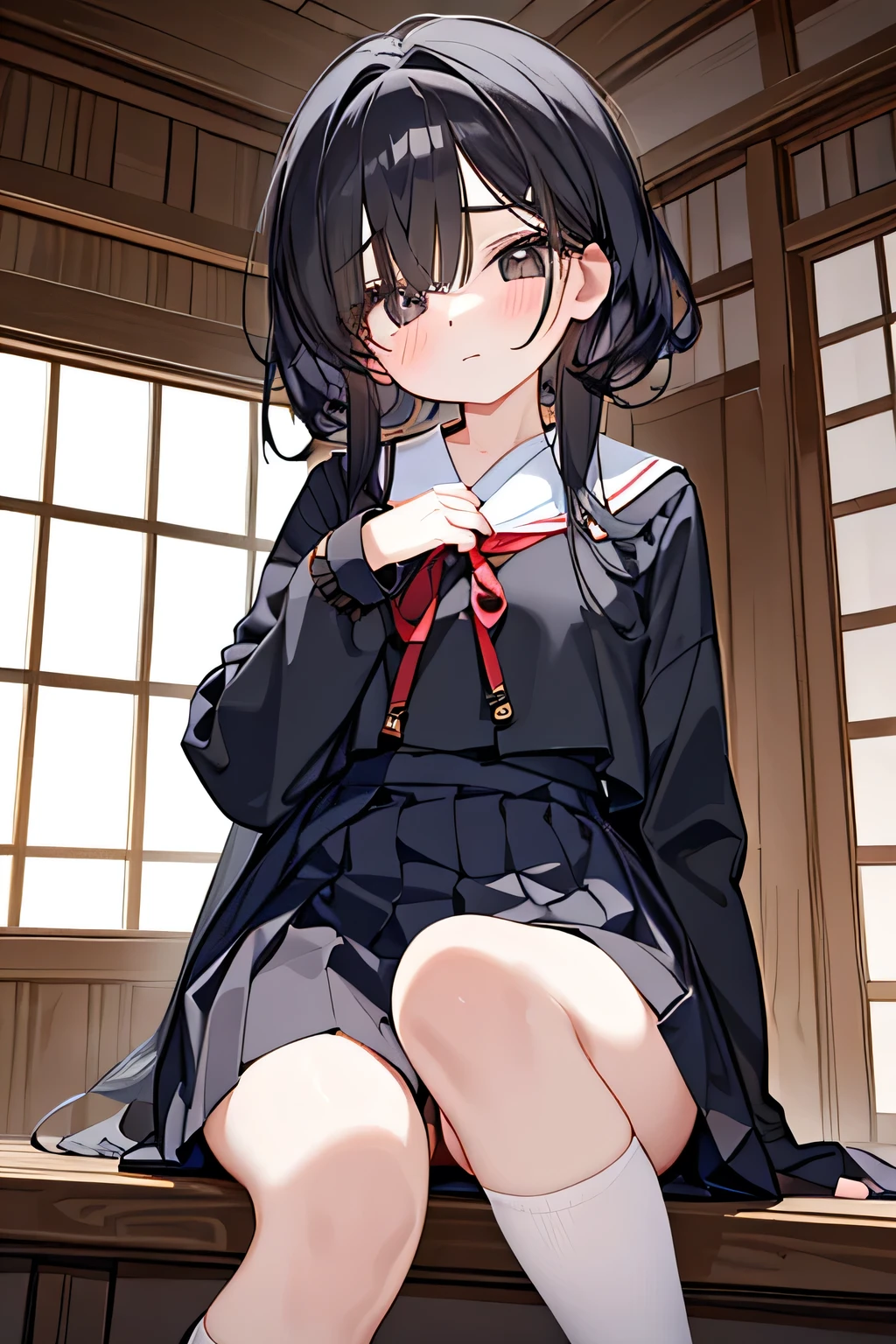 City,one beautiful girl,(( hairstyle that hides one eye)),stupid hair,Mysterious Atmosphere, natural body,Clear Skin,(Sexy body type,marshmallow breasts ,slender), Kunoichi,beautiful black hair,beautiful light black eyes,detailed clothes,well-groomed face,Fair skin,high school student,Japanese face,(uniform,skirt,knee socks,loafers), quiet personality ,