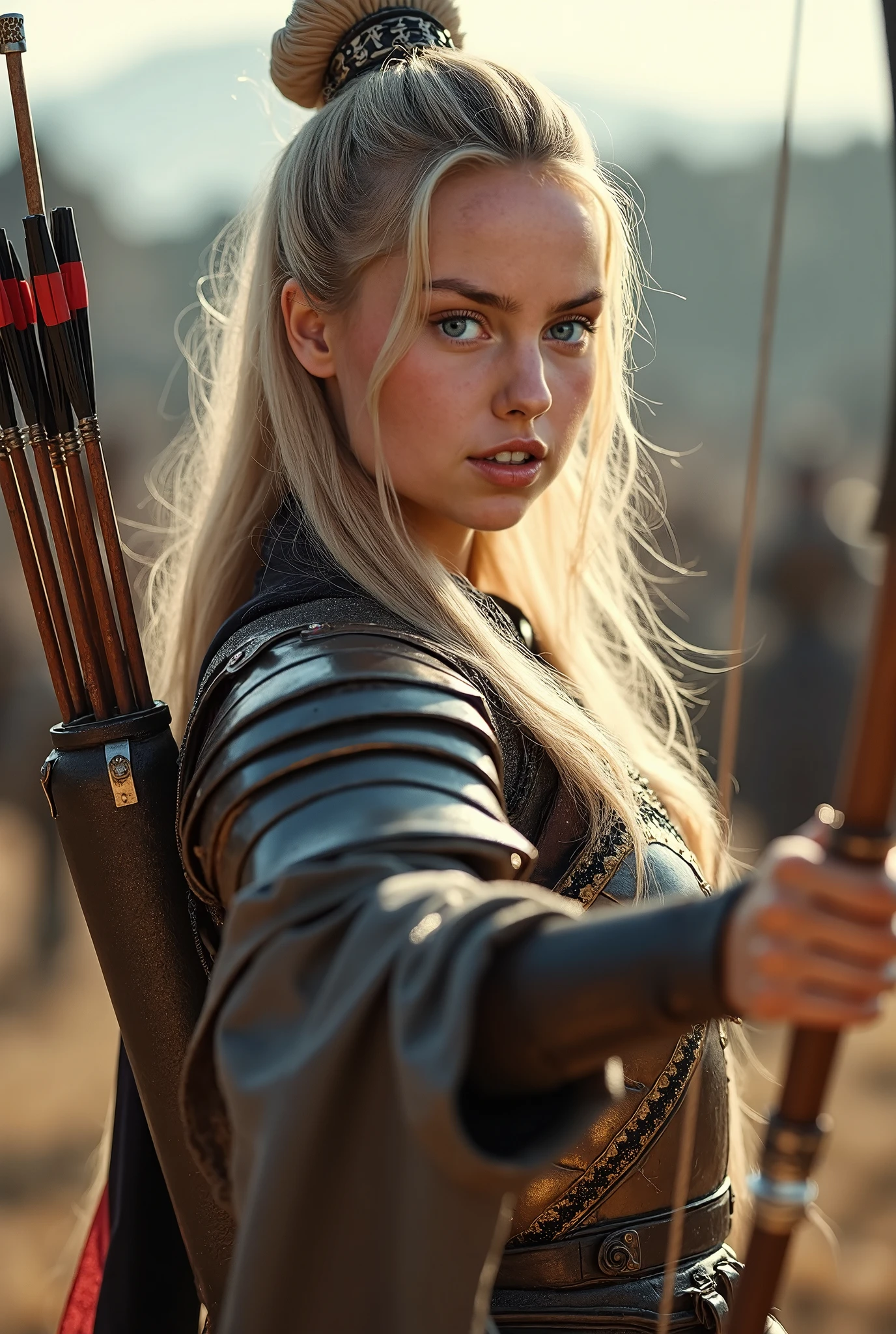20 year old blonde woman in medieval armor。Against the backdrop of a devastated city、With her hair flowing, she drew her bow in a flowing stance.、About to release an arrow。