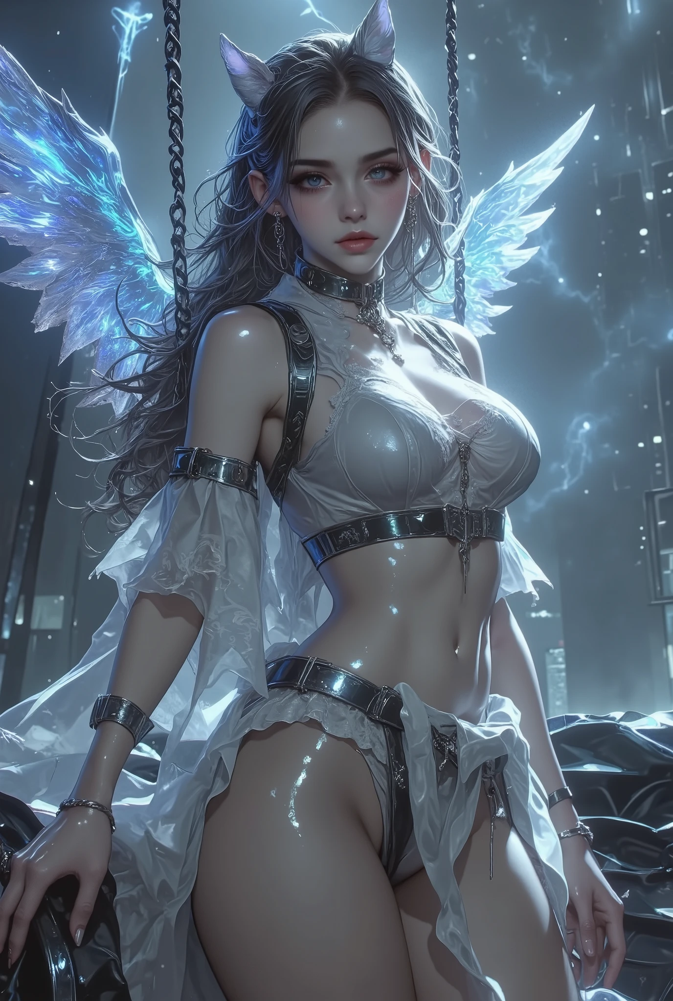 (RAW shooting:1.5, realistic:1.5, fractal art:1.5, 8K), (highest quality, masterpiece, ultra high resolution), Underground prisons, ((perfect dynamic composition:1.7)), Highly detailed skin and facial textures:1.3, Detail of limbs, 1 girl, (Cute sexy succubus demon with big wings:1.3, Wearing detailed body jewelry:1.3), prisoner of war, slave, Horn, Fair skin, open your legs, (Correctly wear heavily torn clothes off-shoulder:1.3), Huge breasts that are about to explode, Do not show areola, big chest gap, (The expression on your face when you feel intense caress, Facial expression when feeling pleasure, A look drowning in pleasure, Are crying), beautiful blue eyes, Eyes that feel beautiful eros, sexy face, blush, (Too erotic and cute:0.9, Bewitching:0.9), ((torture:1.5, Raise your arms upwards:1.2, Lots of chains:1.8, countless chains penetrating clothing:1.8, his right arm is shackled:1.2, shackle the left arm:1.2, Connect your right leg with shackles:1.2, connect left leg with shackles:1.2)), (((An incomprehensible amount of liquid flows throughout the body:1.5))), super long blonde curly hair, View from the knee up