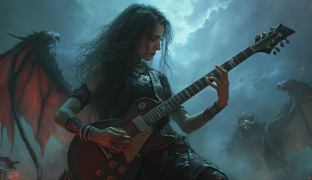 mystical woman, playing a heavy metal electric guitar, is surrounded by an atmosphere of gothic music and fantasy demons, creating a unique sound, that takes listeners to new heights.