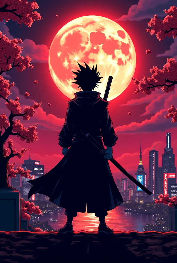An anime-style illustration of a mysterious warrior standing on a rooftop under a glowing full moon, with cherry blossoms blowing in the wind. The character has spiky hair, a long flowing coat, and a katana on their back. Use bold line art, vibrant cel-shading, and a color palette of deep reds, purples, and black. Background features a stylized Japanese cityscape with neon signs. Designed for print on a black t-shirt — dramatic, cinematic, and full of emotion in classic anime style.