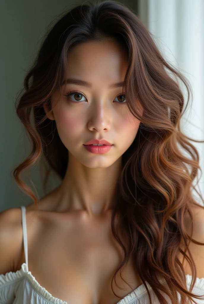 Asian Beauty、beauty、Soft hair、Black Sleeveless、Landscape、I can see your forehead、Background is simple concrete、Olive brown hair、smile、looking at the camera、Lighten the ends of your hair、Semi-long hair、Outline of an inverted triangle、Big Eyes、Thready hair、Rounded silhouette、human、Realistic、ベースmodel、photo shoot、Chin narrowing、cute、Pure feeling、プロのphoto shoot、Head to chest photo、cute、Beauty、elegant、Shiny Hair、Wax for straightening hair、model、Clear skin、Eyes that tend to be dark、Flowing bangs