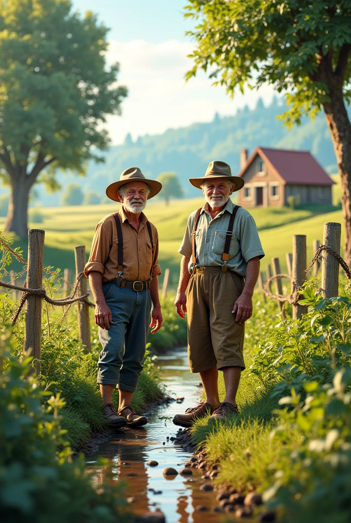 Give me a picture of an organic farm that is natural and that two old people are working on