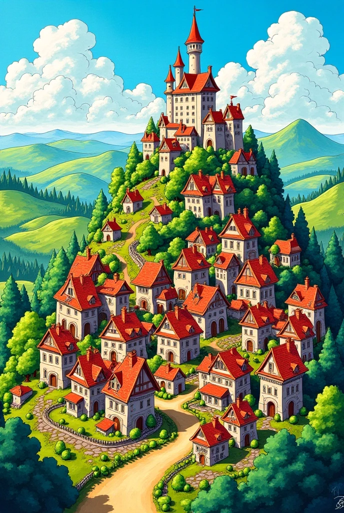 A Marker illustration painting of a big village in a hill with may houses and trees houses from the top to the ground of that hill and in the top hill is a big castle make it a sunny day with clouds 
