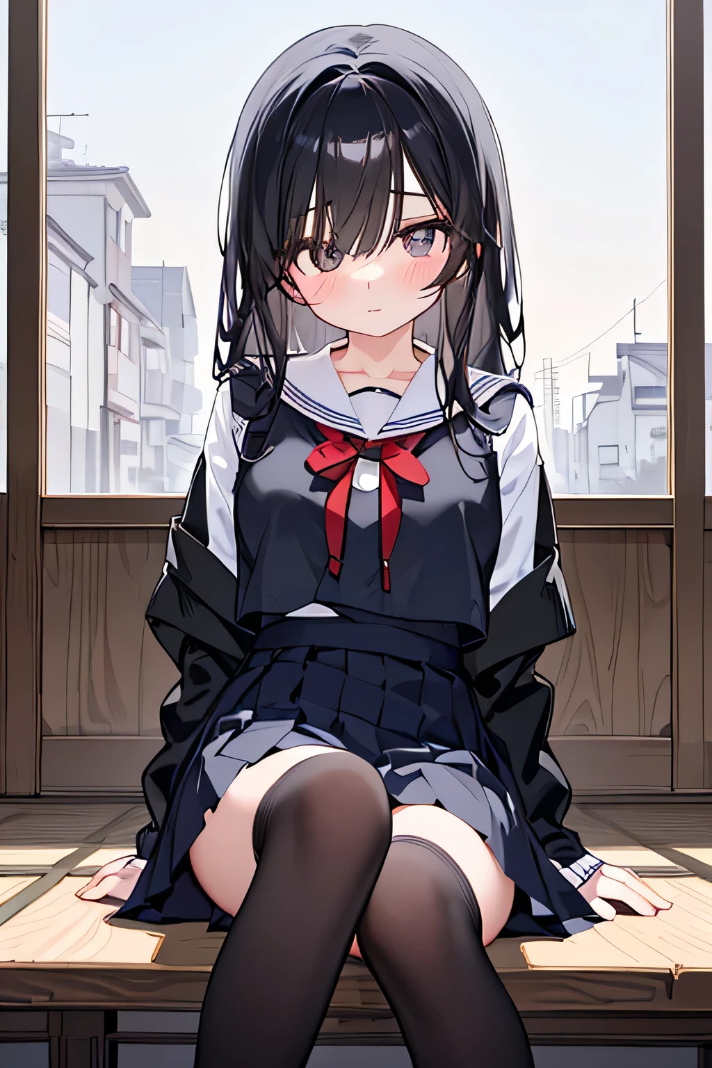 City,one beautiful girl,(( hairstyle that hides one eye)),stupid hair,Mysterious Atmosphere, natural body,Clear Skin,(Sexy body type,marshmallow breasts ,slender), Kunoichi,beautiful black hair,beautiful light black eyes,detailed clothes,well-groomed face,Fair skin,high school student,Japanese face,(uniform,skirt,knee socks,loafers), quiet personality ,