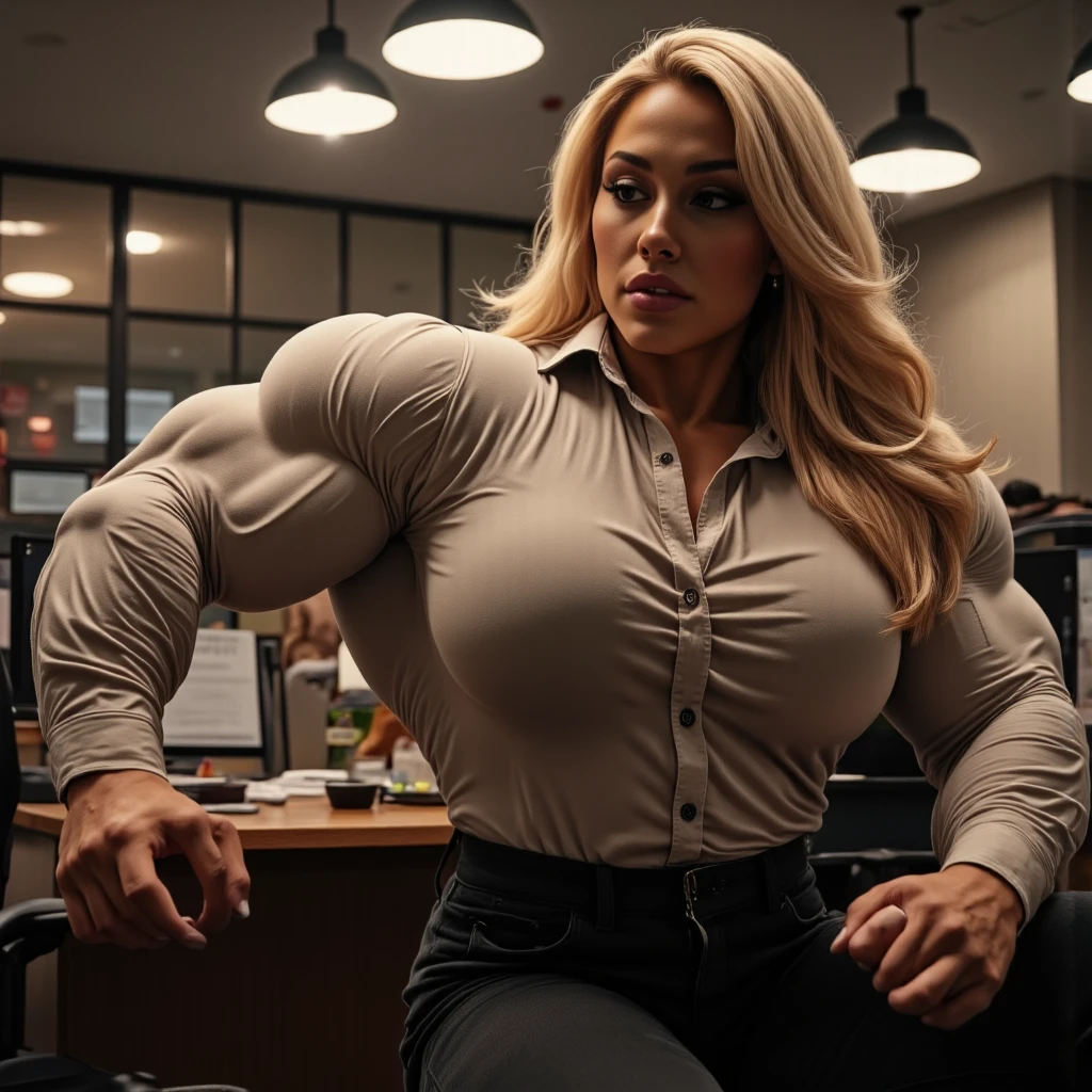 1girl, 43 years old milf plus size, (I'm touching myself), bryce dallas howard, (latina), ((hair tied-up professionally with no tail with bangs to streak of locks:1.2)), I'm wearing professional sexy psychiatrist attire: blouse under skimpy blazer and skimpy skirt accentuate my fleshy body and thick arms, (I have thick sexy arms:1.65), I'm wearing glasses looking at viewer seductively, (I'm fully clothed:1.65), (legs apart - I'm standing inside psychiatrist couch), voluptuous, thick, curvy model body, fleshy juicy hips, glossy sweaty skin, (psychiatrist's narrow office dark room:1.5), accessories: marriage ring, upper body portrait, sexyposture, ((8K 、RAW photos、top-quality、tmasterpiece)、 Film Grain、High Detail RAW Color Photo Professional Photo、(hentail realism、Photorealism:1.37)、(top-quality)、(Best shadows)、(The best illustrations)、 8k wallpaper、physically-based renderingt、Cinematic lighting),