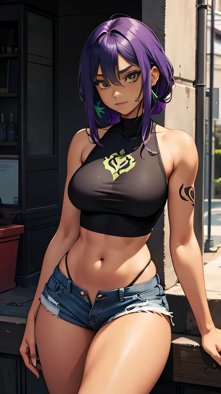 1 girl, anime style, dark skin, black woman, beautiful, 18 years, make-up, passionate look, naughty smile, waifu, close-up picture, zoom, portrait, colorful punk style, black and purple leather jacket, purple tank top, black jeans shorts, cleavage, fishnet stockings, posing in a dark alley, colorful graffiti on the wall, colorful walls, sitting on the ground, new york city, soft lighting, nighttime, midnight, ray tracing, award winning, photorealistic, 8k