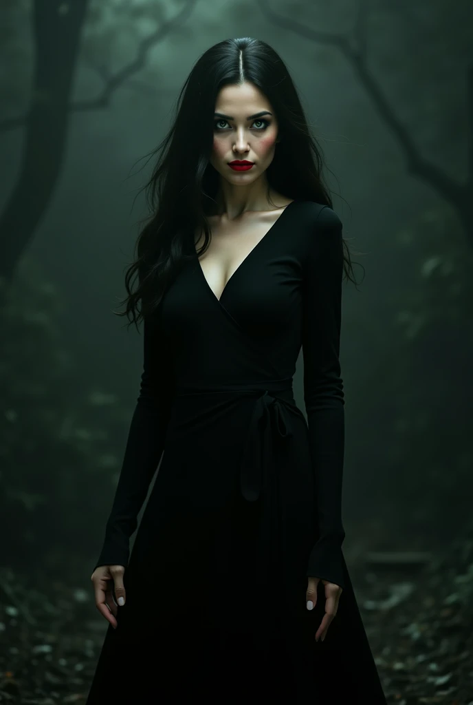 Woman in her 40s with very bright white skin ,long black hair , penetrating green eyes , wears red lipstick she is standing in a long black dress
