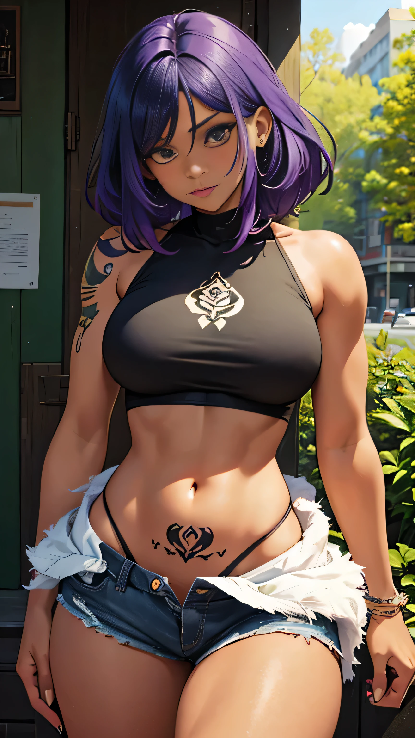 (solo:1.1),(masterpiece), (best quality:1.3), highly detailed, intricate, professional art, digital art, absurdres, confidant, emerald sustrai, futanari emerald sustrai wearing a Spiked-choker fishnet-crop-top with arm gloves and pants and Knee-high-platform-boots confidently in a club,(Black see through top:1.4), (pants:1.6), 1girl, solo, (dark skin:1.5), green hair, bob hair, gold hoop earrings, gold jewellery, ab lines,(gold navel piercing:1.1), detailed stomach, red eye colour, dark skin, average breasts, (aroused:1.2), (futanari:1.1), (wide hips:1.4), (makeup 1:1), beestung lips, (black lipstick:1.3), large penis, panty straps riding hips, (large crotch bulge:1.4), crotch bulge, large testicles , furniture, frontal view, universal lighting