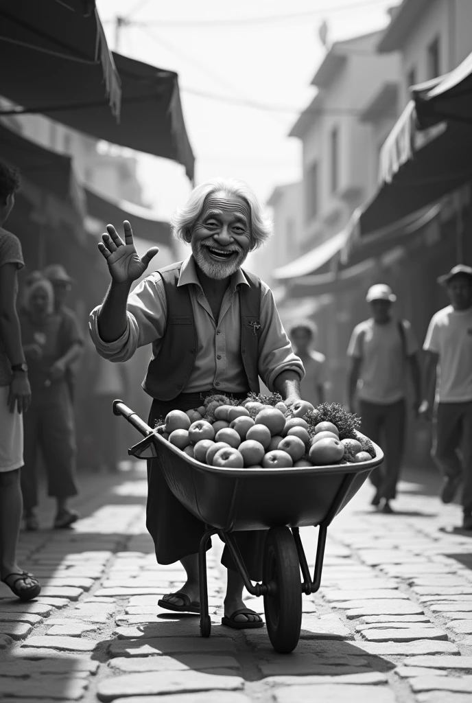  “The Happy Seller”
Drawing: Don Ciriaco pushing his wheelbarrow with fruits. Smile and wave.
bottom: Market Streets, people buying. Please do it in black and white 