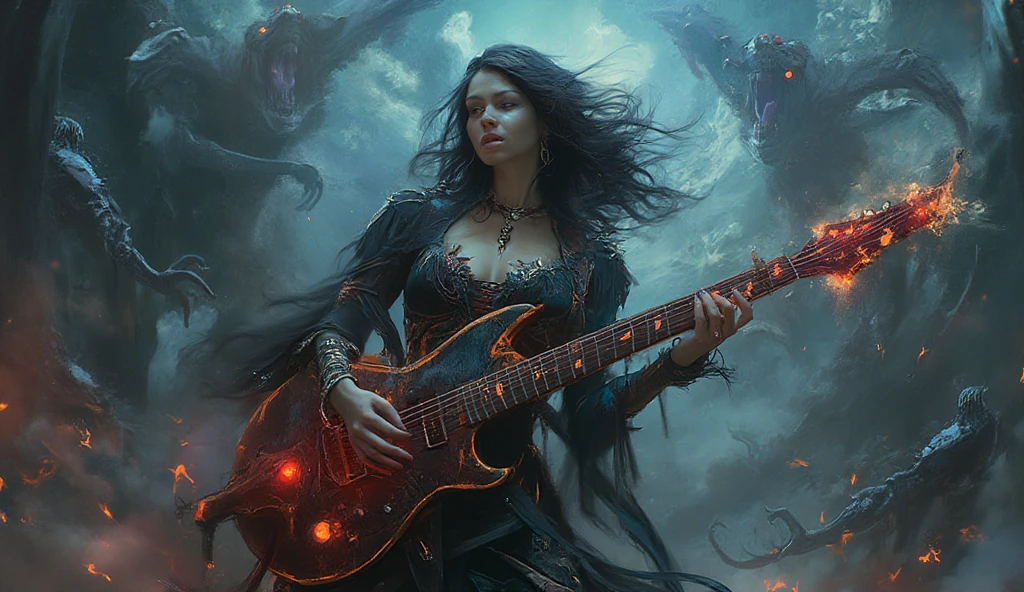 mystical woman, playing a heavy metal electric guitar, is surrounded by an atmosphere of gothic music and fantasy demons, creating a unique sound, that takes listeners to new heights.