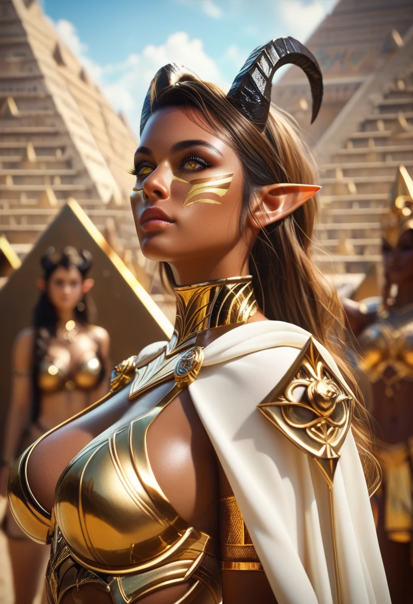 there are two statues of women sitting on a bench, inspired by Android Jones, yellow hue, 8k highly detailed ❤️🔥 🔥 💀 🤖 🚀, award-winning photography 4k, goddess inanna, anthropology photo”, digitalblasphemy, bodypaint, highly detailed and hypnotic, deity --auto --s2