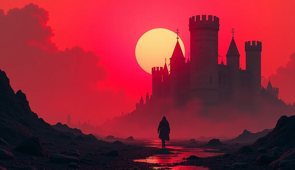 Ruined Castle , neon red sky, ashes, Lonely figure, 1200x1920 px, cyberpunk gothic style