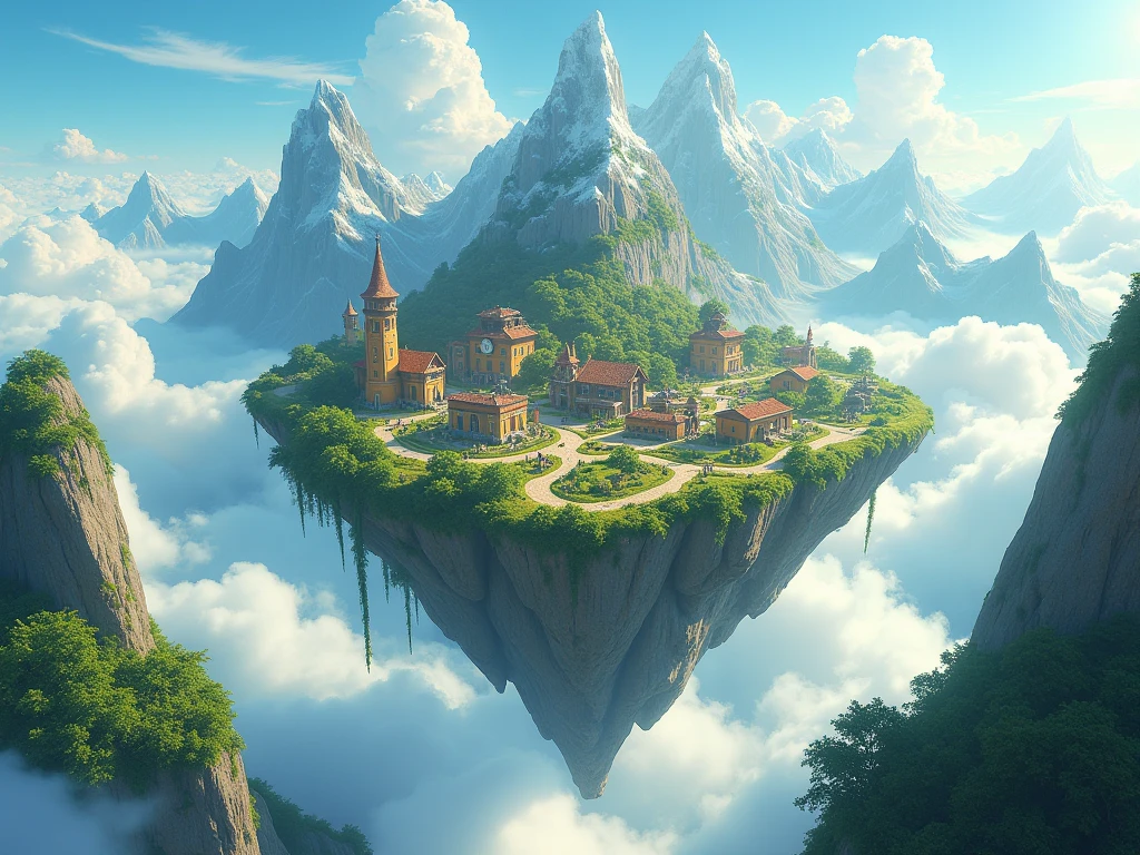 a floating island with mountains and vegetation with a small town in the middle 