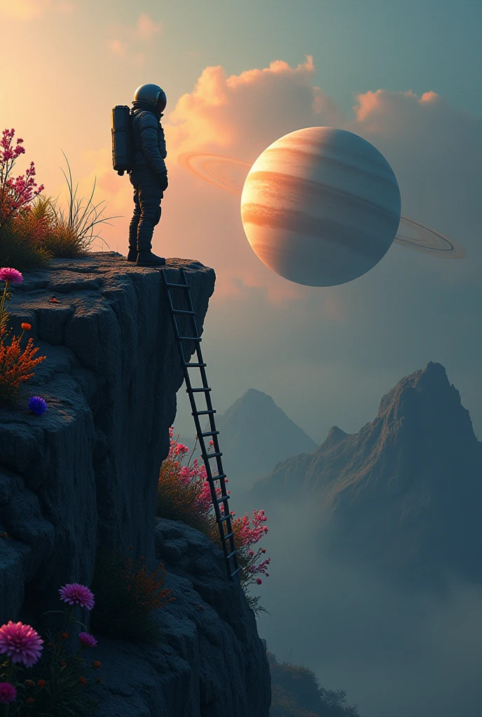 A true bird's eye view of an astronaut standing on a ladder overlooking Saturn .Surrounded by colorful flowers on a rocky cliff. The image also shows a calm and dreamy atmosphere. On the right side of the image, an astronaut in a black suit stands on the edge of a cliff, looking at Saturn glowing . leaning the ladder on the cliff, and flowers in different colors, including pink, orange and blue. The overall mood is calm and imaginative, with a sense of adventure and surprise..