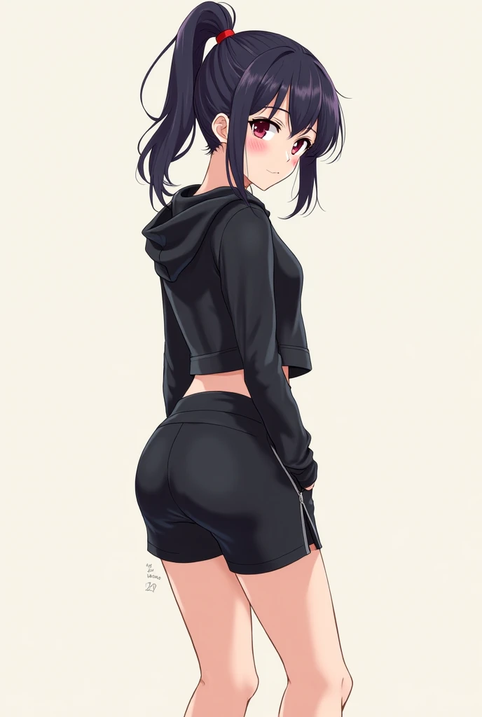 score_9_up, score_8_up, score_7_up, 1girl, solo, mature female, Mikasa, very short black hair, pixie cut, dark grey eyes, pink lips, parted lips, fit slim body, ((perfect medium erected breast)), (((lilac hoodie, leopard tight thong, sunglasses on her head))), rosy cheeks, wide hips, sand beach, looking at the viewer, standing in seductive pose and showing her ass, from behind