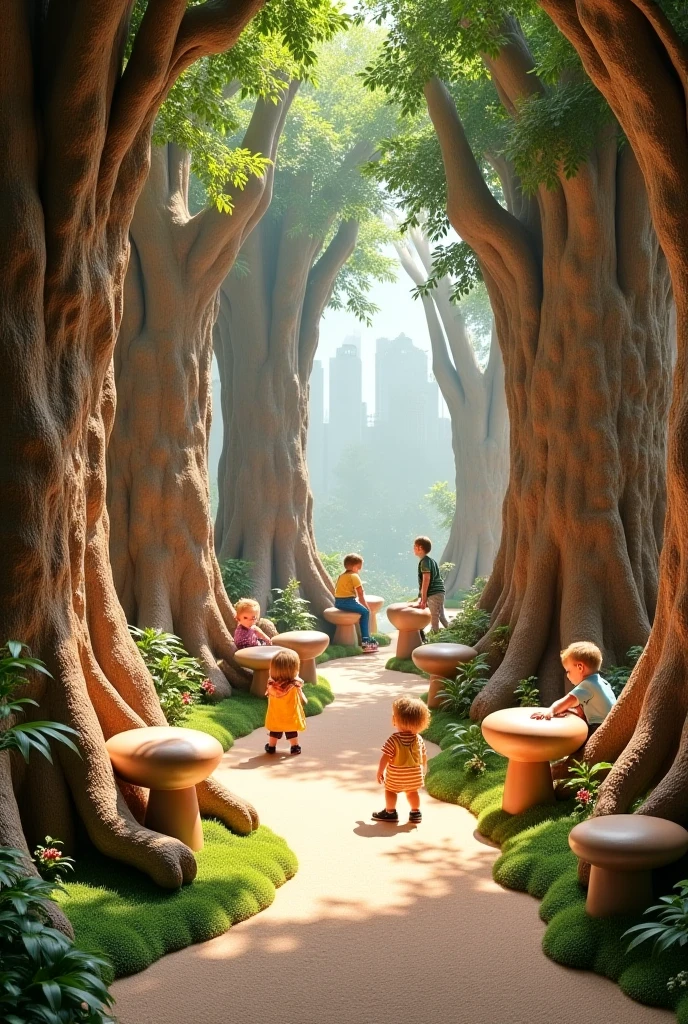 Create a nursery for toddlers themed around tree trunks