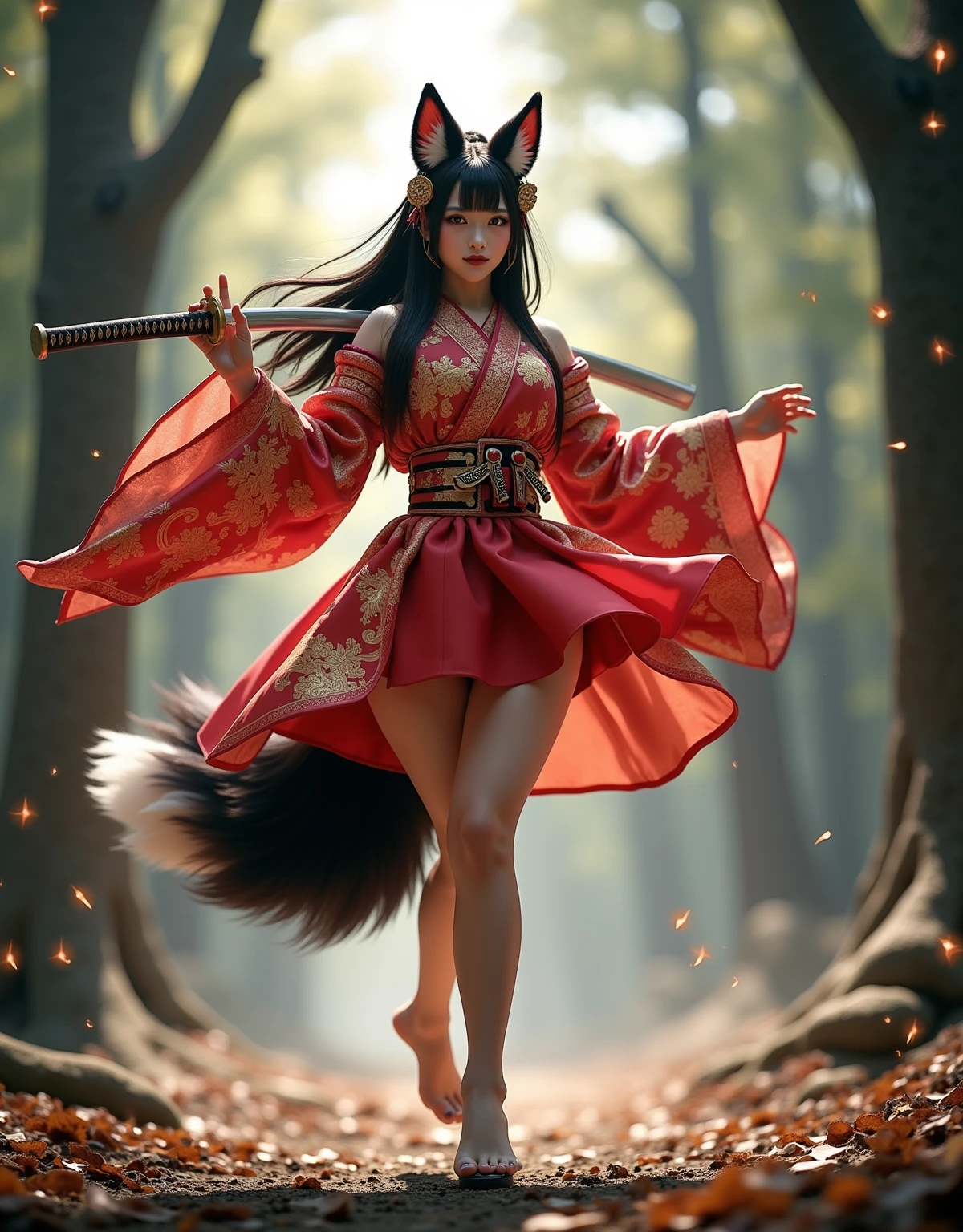 dynamic full-body portrait, a mystical fox-eared girl with a fluffy fox tail, performing a traditional kagura-style dance with a katana in hand, wearing a red and gold mini-skirt yukata with fluttering sleeves and ornate patterns, modest upper design with high collar and covered shoulders, wide ribbon obi flowing behind her, long black hair adorned with golden hairpins and ornaments, black and red fluffy fox ears, graceful spinning motion, one foot slightly lifted, wide sleeve movement, glowing spirit lights and fireflies surrounding her, soft fog on the ground, full moonlight filtering through ancient trees, ceremonial forest clearing, magical and ethereal atmosphere, photorealistic, cinematic lighting, ultra-detailed, 8k, masterpiece, best quality, photorealistic:1.5, ultra-detailed:1.3