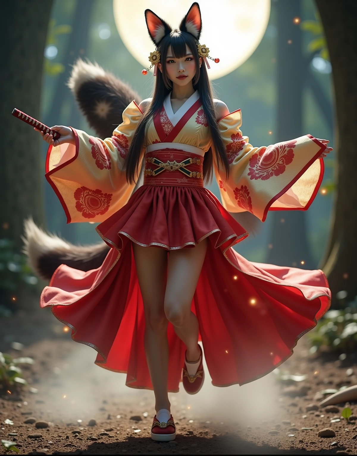 dynamic full-body portrait, a mystical fox-eared girl with a fluffy fox tail, performing a traditional kagura-style dance with a katana in hand, wearing a red and gold mini-skirt yukata with fluttering sleeves and ornate patterns, modest upper design with high collar and covered shoulders, wide ribbon obi flowing behind her, long black hair adorned with golden hairpins and ornaments, black and red fluffy fox ears, graceful spinning motion, one foot slightly lifted, wide sleeve movement, glowing spirit lights and fireflies surrounding her, soft fog on the ground, full moonlight filtering through ancient trees, ceremonial forest clearing, magical and ethereal atmosphere, photorealistic, cinematic lighting, ultra-detailed, 8k, masterpiece, best quality, photorealistic:1.5, ultra-detailed:1.3
